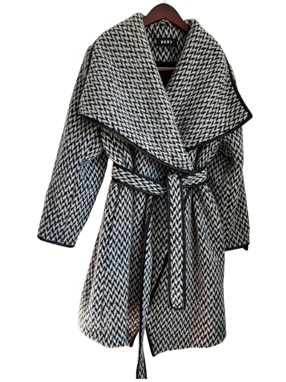 DKNY Black and White Herringbone Wrap Coat with Shawl Collar